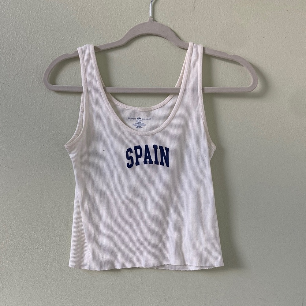 Brandy Melville White Ribbed Tank Top with 'SPAIN' Print